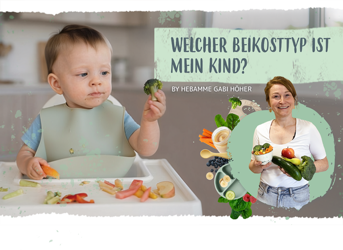 KI generiert: Ein Baby isst Gemüse. Text: "Welcher Beikosttyp ist mein Kind? By Hebamme Gabi Höher".