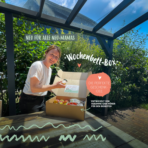 Teasere Startseite Mama Wochenbett Box mit Gabi Höher Hebamme präsentiert eine "Wochenbett-Box" mit Lebensmitteln; Text: "NEU FÜR ALLE NEU-MAMAS".