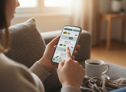 Eine Person benutzt ein Smartphone für Online-Shopping; nebenbei steht eine Tasse Kaffee. Text: Preise und Produktnamen.