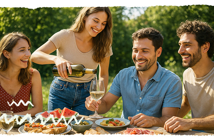 KI generiert: Eine Gruppe von vier Freunden genießt ein Picknick im Freien; eine Person schenkt Wein ein.