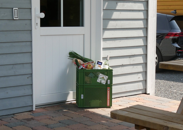 KI generiert: Eine grüne Kiste mit Lebensmitteln steht vor einer weißen Tür.