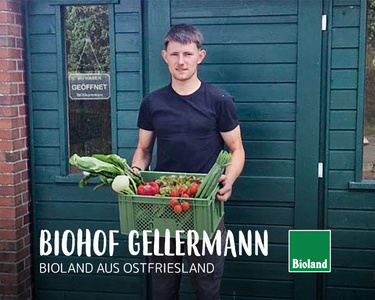 Ein Mann hält eine Kiste mit Gemüse vor einem Gebäude. Text: "Biohof Gellermann, Bioland aus Ostfriesland".