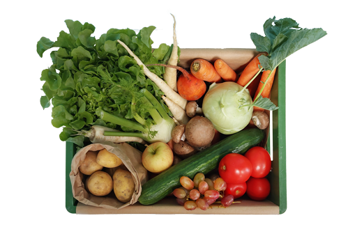 KI generiert: Eine Obst- und Gemüsekiste mit Karotten, Tomaten, Gurke, Kartoffeln und Salat.