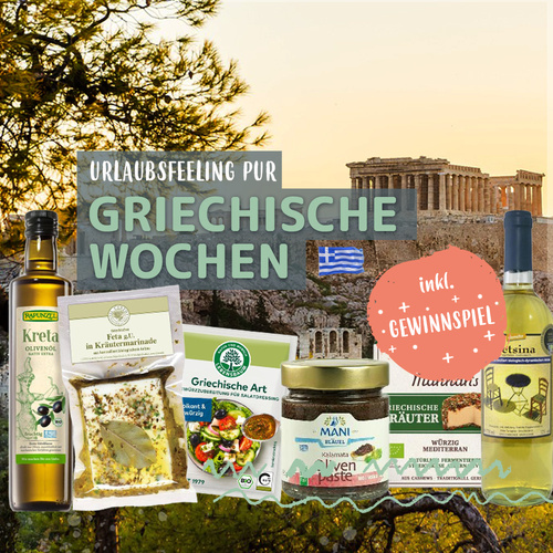 KI generiert: Produkte für "Griechische Wochen" vor Akropolis, inkl. Gewinnspiel.