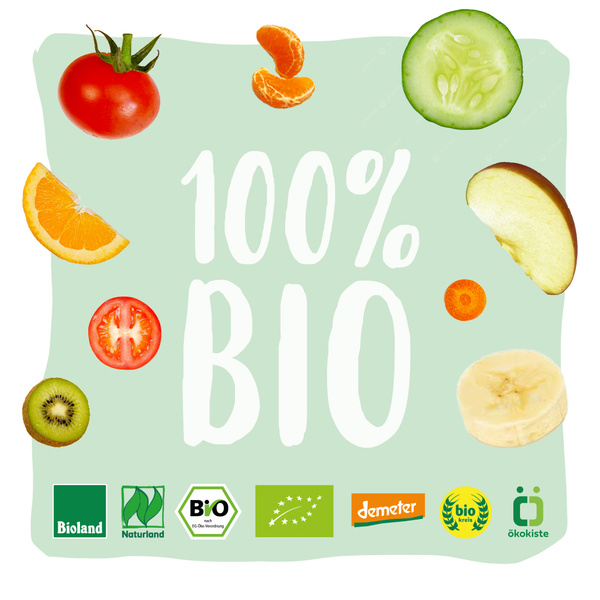 KI generiert: Verschiedene Früchte umgeben den Text "100% BIO" mit Bio-Siegeln.
