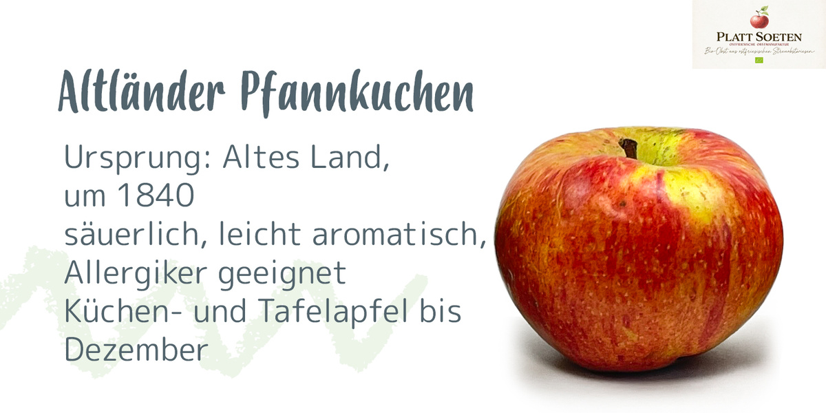 Ein Apfel mit der Beschriftung "Celler Dickstiel", Ursprung: Mecklenburg, um 1800, säuerlich-süß, aromatisch.