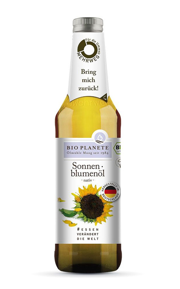 KI generiert: Flasche Bio Planète Sonnenblumenöl mit Mehrweg-Hinweis und Sonnenblumenbild. Text: "Bring mich zurück!"