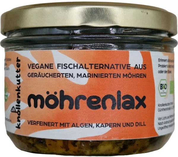 Produktfoto zu möhrenlax - vegane Fischalternative aus geräucherten, marinierten Möhren - 160g