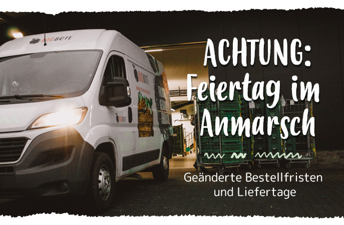 KI generiert: Lieferwagen vor Lagerhaus. Text: "ACHTUNG: Feiertag im Anmarsch. Geänderte Bestellfristen und Liefertage."