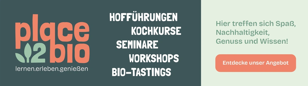 KI generiert: Werbung für Workshops und Bio-Tastings bei placebio. Text: "Entdecke unser Angebot".