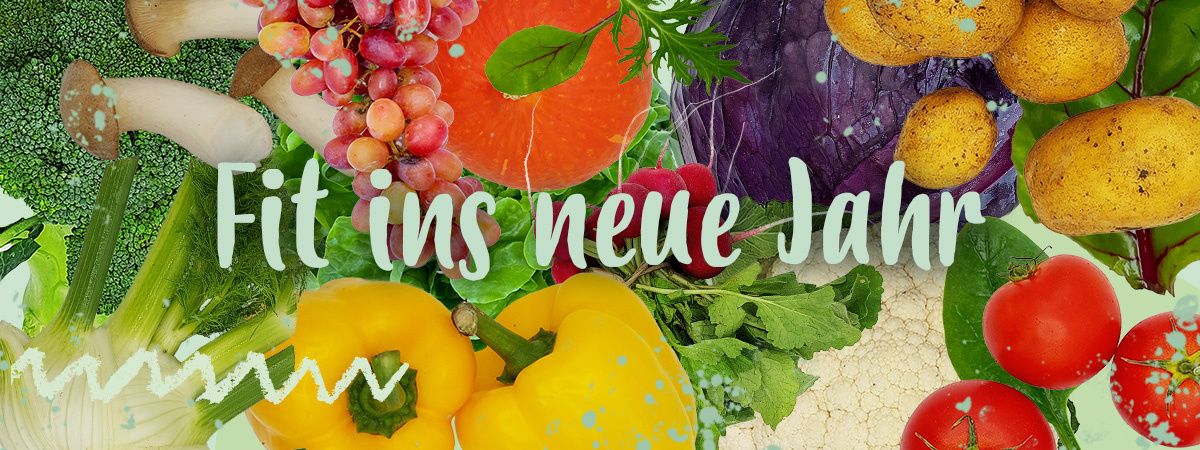 KI generiert: Das Bild zeigt eine bunte Mischung aus frischem Obst und Gemüse, darunter Paprika, Tomaten, Trauben und Brokkoli. In der Mitte steht der Schriftzug "Fit ins neue Jahr", der auf ein gesundes neues Jahr hinweist.