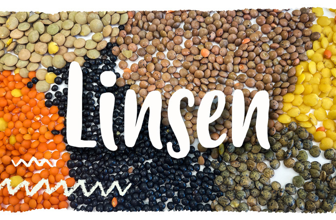 verschiedene Linsensorten in bunten Farben angeordnet. Text: "Linsen".