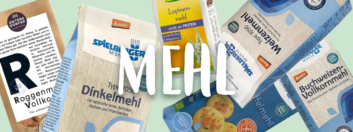 KI generiert: Das Bild zeigt verschiedene Sorten von Mehlverpackungen, darunter Roggen-, Dinkel-, Weizen- und Lupinenmehl. Der zentrale Schriftzug "MEHL" unterstreicht das Thema der Abbildung.