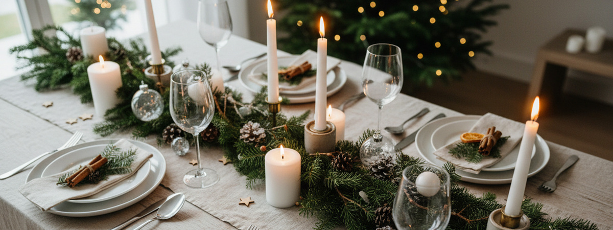 KI generiert: Das Bild zeigt einen weihnachtlich dekorierten Tisch mit einem eingedeckten Teller, Besteck und einem mit einem "Merry Christmas"-Schild verzierten Serviettenpaket. Im Hintergrund sind Kerzen, weihnachtliche Dekorationen und ein Geschenk zu sehen.