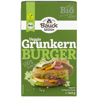 KI generiert: Hauptinhalt: Veggie Grünkern Burger von Bauck Mühle. Text: "Veggie Grünkern Burger 100% pflanzlich, Bio, vegan".