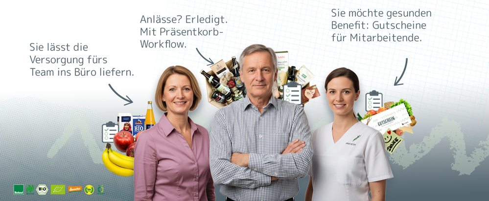 KI generiert: Drei Personen präsentieren Bio-Produkte. Text: "Sie lässt die Versorgung ihres Teams im Bio-Bereich."