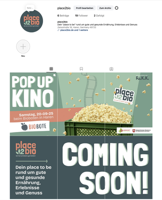 KI generiert: Pop-up Kino-Ankündigung mit Popcorn. Text: "POP UP KINO - Samstag, 20-09-25 beim Bioboten in Haren."