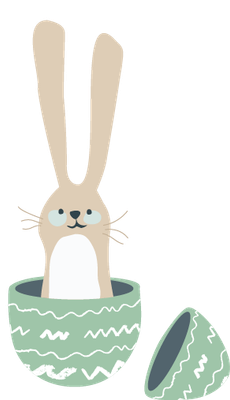 KI generiert: Ein Hase schaut aus einem halben, grünen Osterei hervor, neben ihm eine zweite Eihälfte.