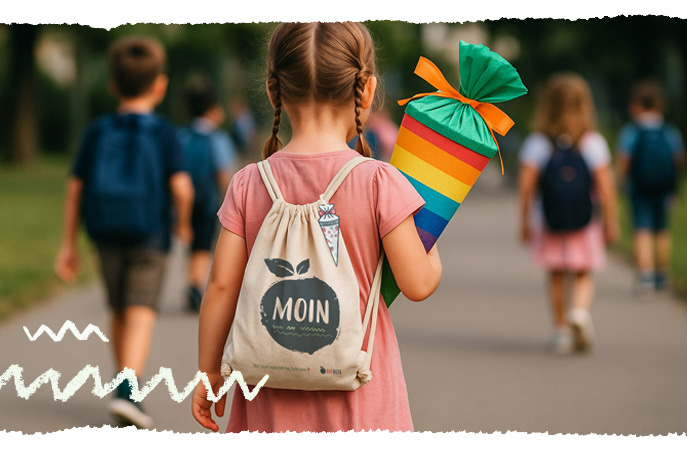 KI generiert: Ein Kind mit Schultüte und Rucksack auf dem Schulweg. Text auf dem Rucksack: "MOIN".