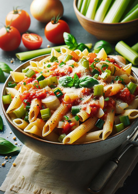 SItaliensiche Pasta mit Staudensellerie und Tomaten