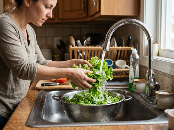Eine Frau wäscht frischen Salat unter fließendem Wasser in der Küche.