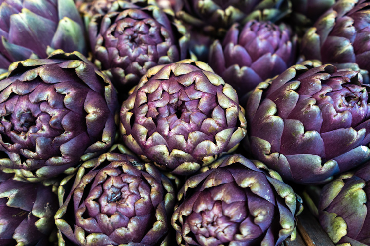 KI generiert: Nahaufnahme von mehreren violetten Artischocken.