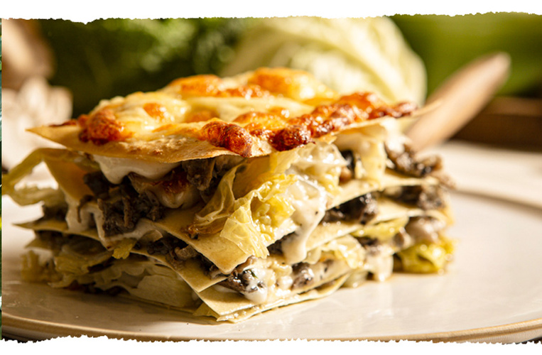 Ökokistenrezept des Monat 1125 -Wirsing-Pilz-Lasagne mit Béchamelsoße