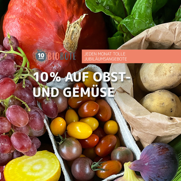 KI-generierte Beschreibung: Das Bild zeigt ein Angebot von 10% Rabatt auf Obst und Gemüse in einer Ökokiste.