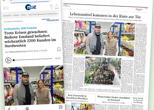 KI generiert: Ein Zeitungsartikel berichtet über Biobote Emsland, das 2200 Kunden beliefert.