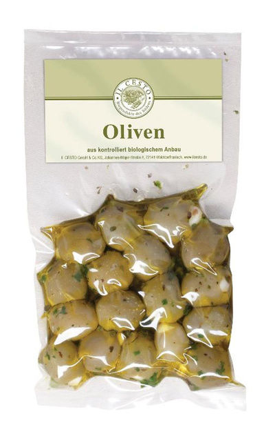 Produktfoto zu Il Cesto - Griech. Oliven mit Knoblauch gefüllt, mariniert - 175g