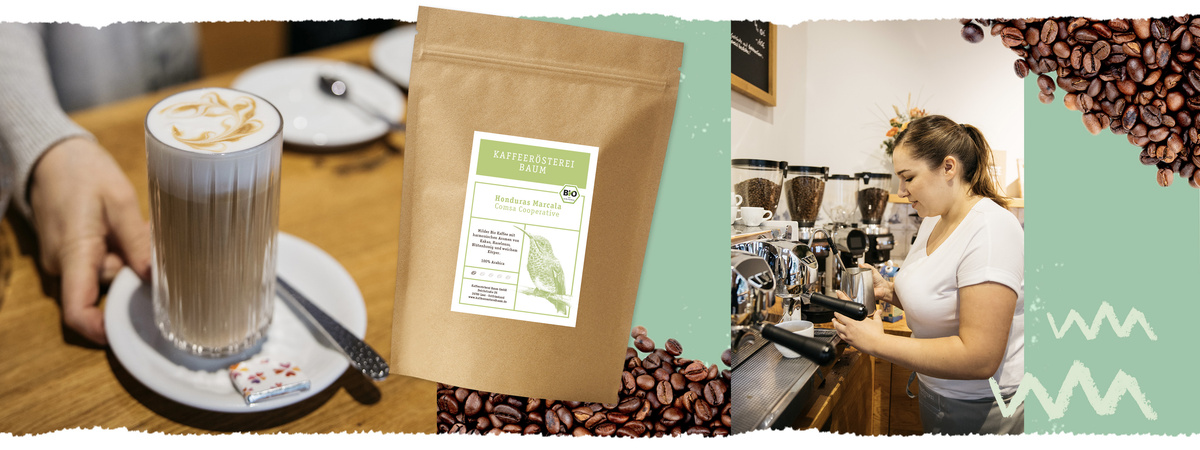 KI generiert: Das Bild zeigt links eine Tasse Kaffee mit Milch auf einem Tisch und in der Mitte eine Kaffeeverpackung. Rechts ist eine Person zu sehen, die an einer Kaffeemaschine arbeitet.