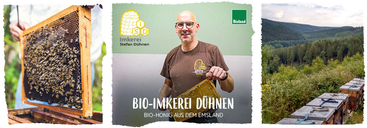 KI generiert: Drei Bilder: Imker mit Wabe, Logo "Imkerei Stefan Dühnen", Landschaft mit Bienenstöcken. Text: "BIO-IMKEREI DÜHNEN BIO-HONIG AUS DEM EMSLAND".
