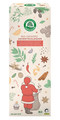 KI generiert: Ein Bio-Gewürz-Adventskalender mit weihnachtlichen Illustrationen und Text über 24 Gewürze.