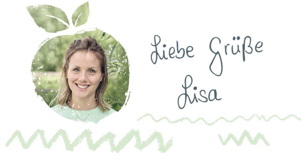 Porträt Lisa in Apfelform mit Text: "Liebe Grüße Lisa" in handschriftlicher Schrift.
