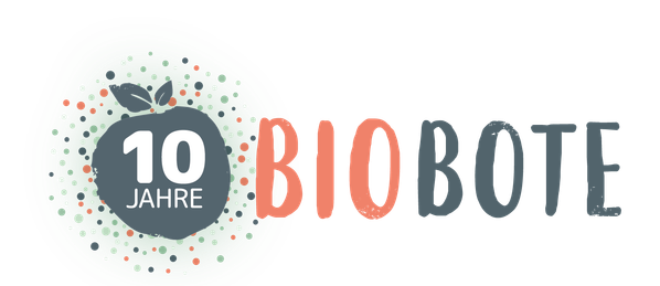 KI generiert: Ein Logo mit einem Apfel, der "10 Jahre" enthält, und dem Text "BIOBOTE".