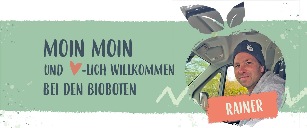 KI generiert: Das Bild zeigt eine Begrüßungsgrafik mit einem herzlichen Willkommensgruß bei den Bioboten, neben dem ein lächelndes Bild von jemandem namens Magda zu sehen ist. Der Hintergrund ist in sanften Grüntönen gehalten.