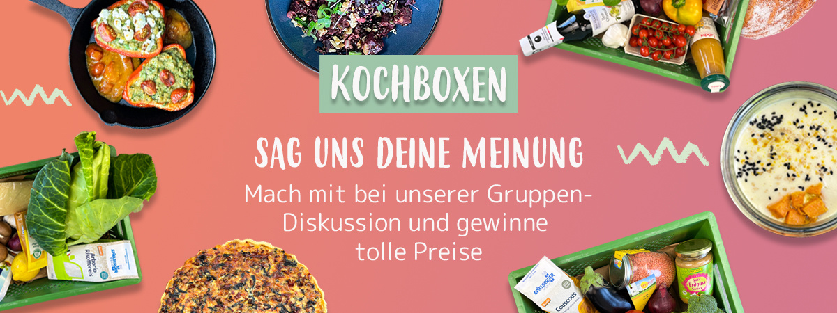 KI generiert: Kochboxen und Gruppen-Diskussion. Text: "KOCHBOXEN. SAG UNS DEINE MEINUNG. Gewinne tolle Preise."