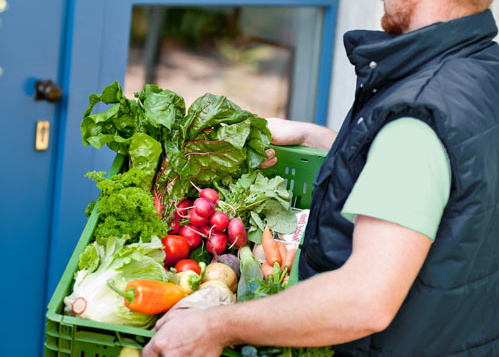 KI generiert: Eine Person trägt eine grüne Kiste voller frischem Gemüse.