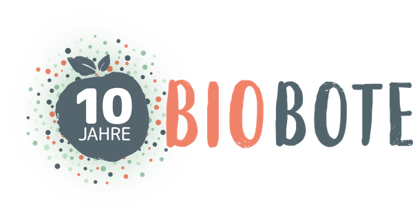 KI generiert: Logo mit stilisiertem Apfel: "10 JAHRE BIOBOTE".