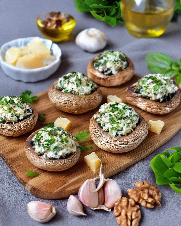 Gefüllte Champignons mit Postelein, Ricotta und Walnusskruste