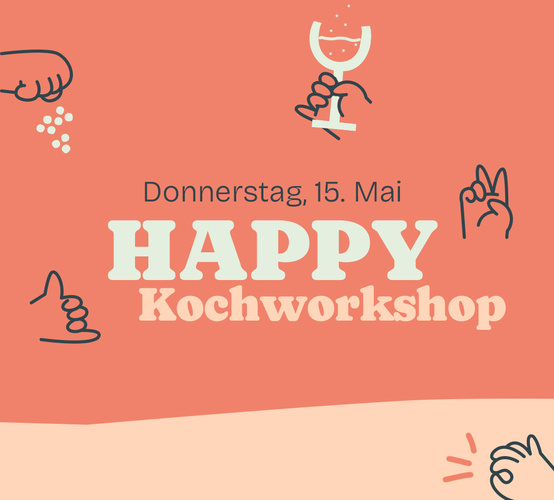 KI generiert: Einladung zu einem „Happy Kochworkshop“ am Donnerstag, 15. Mai, mit Icons von Händen und einem Glas.