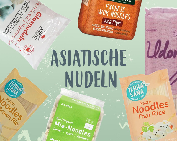 KI generiert: Verschiedene asiatische Nudelverpackungen auf einem grünen Hintergrund. Text: "ASIATISCHE NUDELN".