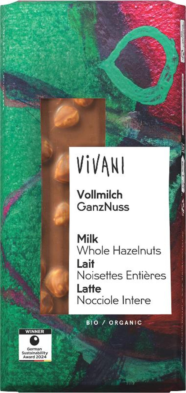 Produktfoto zu Vivani - Vollmilchschokolade ganze Nüsse - 100g