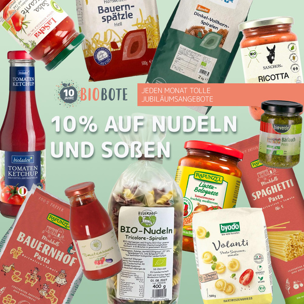 Rabatt auf Bio-Nudeln und Soßen mit verschiedenen Marken. Text: "10% auf Nudeln und Soßen".