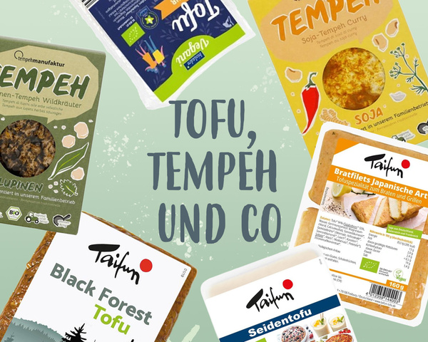 KI generiert: Verschiedene Tofu- und Tempeh-Produkte; Text: "TOFU, TEMPEH UND CO".