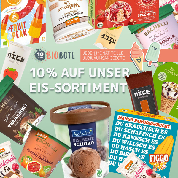 Verschiedene Bio-Säfte, Limonaden und Schorlen mit "10% SÄFTE, LIMOS UND SCHORLEN" Text. Jubiläumsangebote.