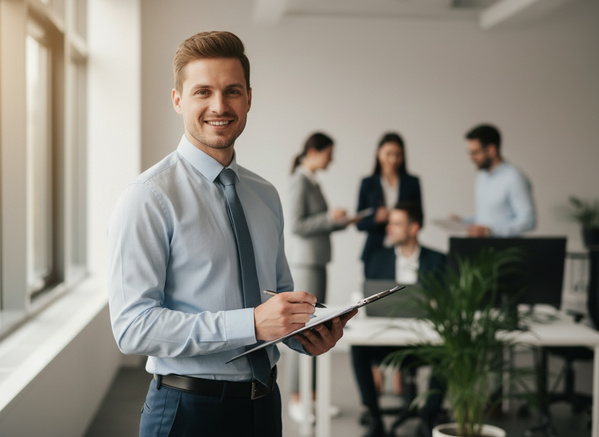 KI generiert: Ein Mann im Büro hält ein Klemmbrett; im Hintergrund arbeiten Kollegen zusammen.