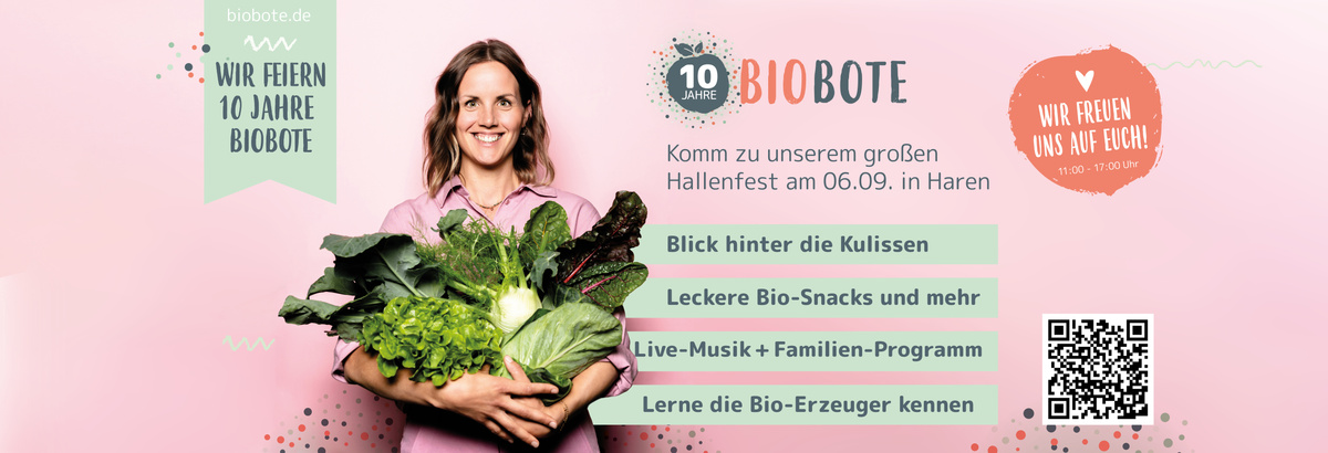 Lisa hält Gemüse; Feier für 10 Jahre BIOBOTE am 06.09. in Haren mit Snacks, Musik und mehr.