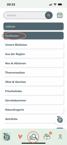 KI generiert: Menü einer App mit Suchleiste und Kategorialiste: Jobkiste, Kochboxen, Unsere Biokisten, Getränke.