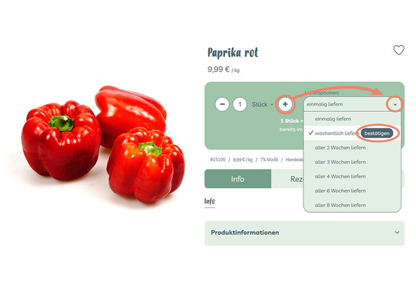 KI generiert: Rote Paprika mit Lieferoptionen. Text: "Paprika rot, 9,99 €/kg, wöchentlich liefern, bestätigen."